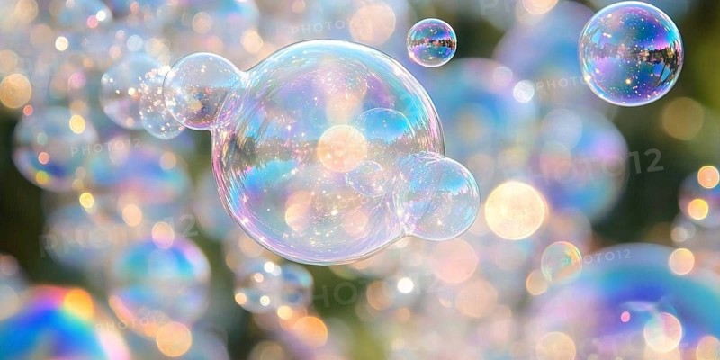 Colorful soap bubbles floating in air in sunlight. Generative AI, AI generated