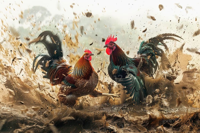 Surrealist representation of a cock fighting, AI generated