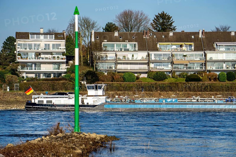 Cargo ship on the Rhine near Düsseldorf-Bockum, villas on the banks of the Rhine, the neighbourhood in district 5 is one of the most expensive residential areas in Düsseldorf, North Rhine-Westphalia, Germany, Europe