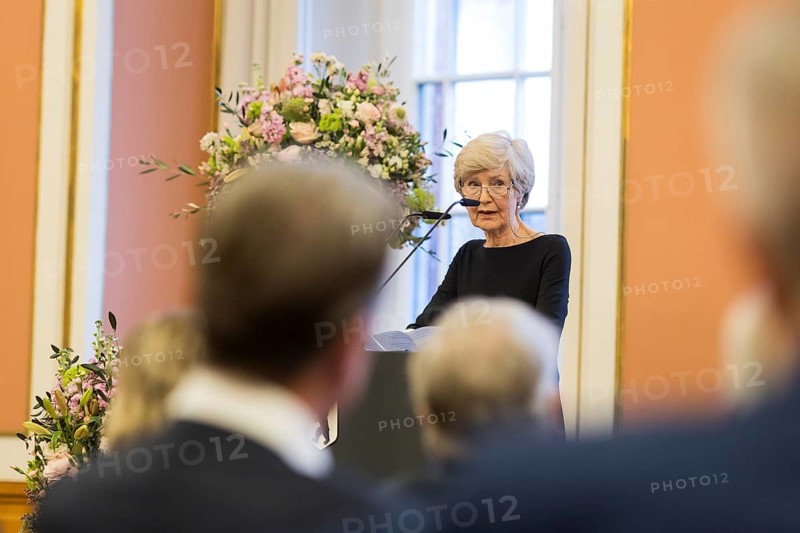 Friede Springer gives a speech of thanks after being awarded honorary citizenship at the Rotes Rathaus, Berlin, 26 February 2025 In the foreground Mathias Döpfner (CEO of Axel Springer SE)