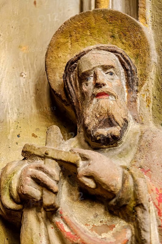 Detail of an apostle of a stone relief of a group of three, Severikirche in Erfurt, Thuringia, Germany, for editorial use only, Europe
