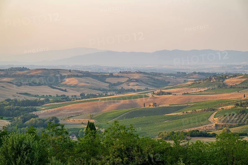 Hilly landscape in Tuscany, view from the upper city wall of Montepulciano, Tuscany, Italy, Europe