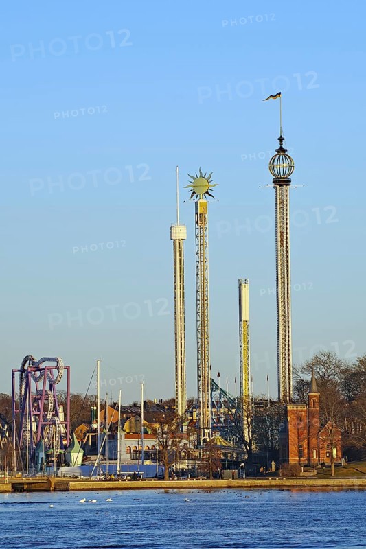 Amusement park with high rides and towers near the water, Djurgarden, Stockholm, Sweden, Europe