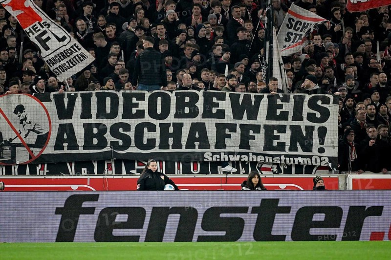 Transparent, fan poster, banner, poster, banner, fan action protest abolish video evidence, MHPArena, MHP Arena Stuttgart, Baden-Württemberg, Germany, Europe