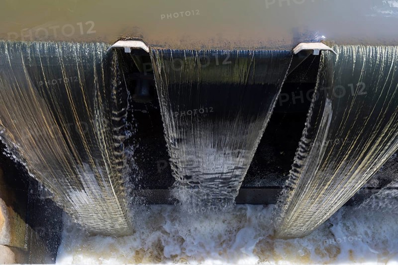 Water flows through the Spree weir of the Hauptspree in Uhyst, Boxberg, Upper Lusatia, Saxony, Germany, Europe