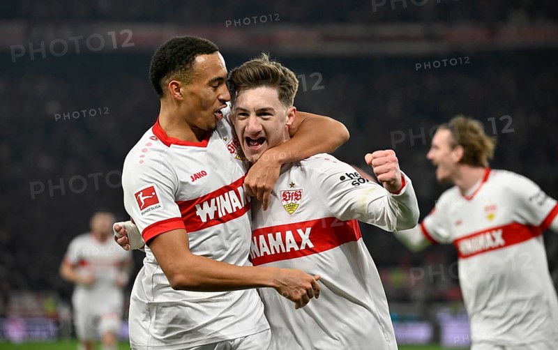 Goal celebration Angelo Stiller VfB Stuttgart (06) Jamie Leweling VfB Stuttgart (18) Nick Woltemade VfB Stuttgart (11) MHPArena, MHP Arena Stuttgart, Baden-Württemberg, Germany, Europe