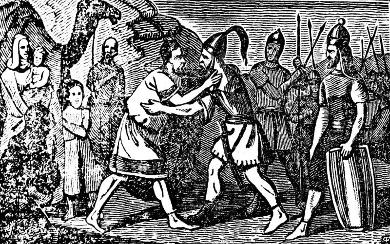 Embrace and reconciliation of the brothers Jacob and Esau in Canaan, family, woman, children, soldiers with helmets and lances, Genesis, woodcut, Christoph Schmid's Biblical History 1831