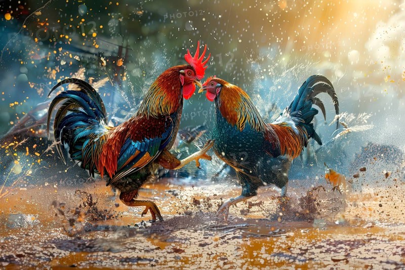 Surrealist representation of a cock fighting, AI generated