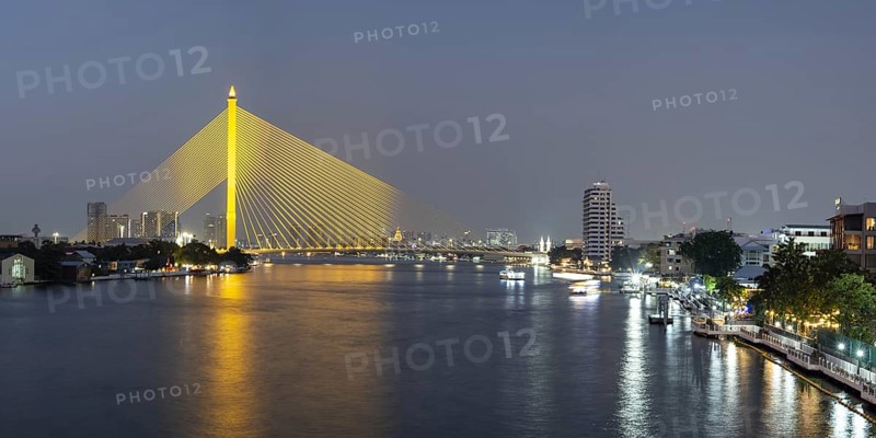 The illuminated Rama VIII Bridge over the Mae Nam Chao Praya, Bangkok, Thailand, Asia