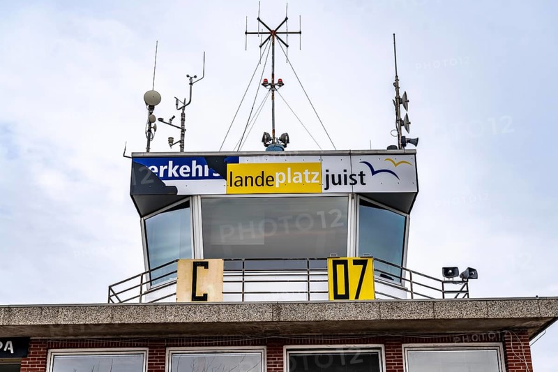 The East Frisian North Sea island of Juist in winter, Juist airfield, airfield, tower, Lower Saxony, Germany, Europe