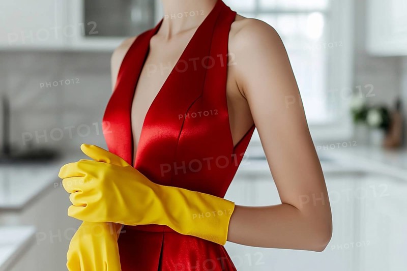 Trad wife concept showing woman in elegant red dress with yellow cleaning rubber gloves in kitchen. Generative AI, AI generated
