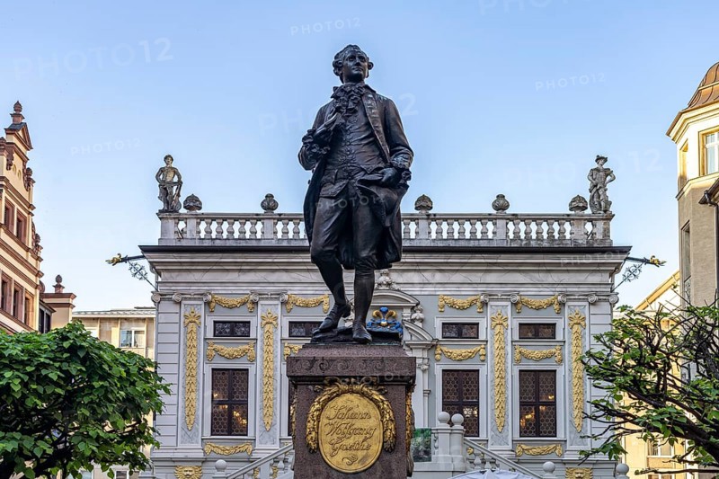 The Goethe Monument on the Naschmarkt in front of the Old Stock Exchange in Leipzig, Saxony, Germany, Europe
