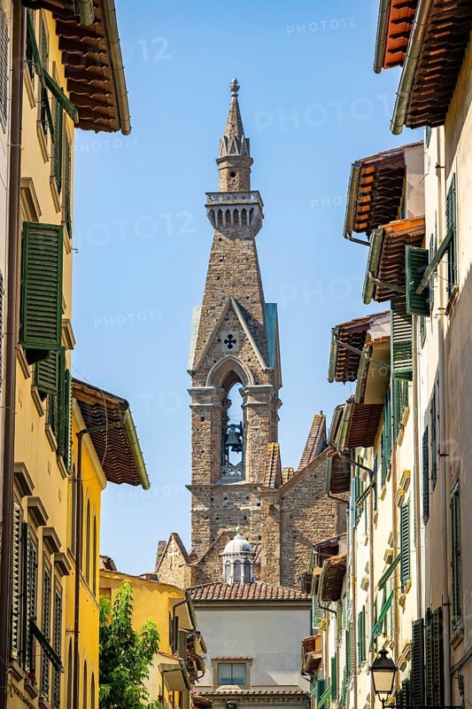 View of a street with Church Santa Croce in Florence, tower, UNESCO World Heritage Site, Tuscany, Italy, Europe