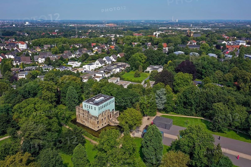 Bochum, North Rhine-Westphalia, Germany - Weitmar Castle Park. Park with the ruins of a 16th century manor house, Haus Weitmar, a former aristocratic residence in the Weitmar district of Bochum. Parks and gardens in the Ruhr region