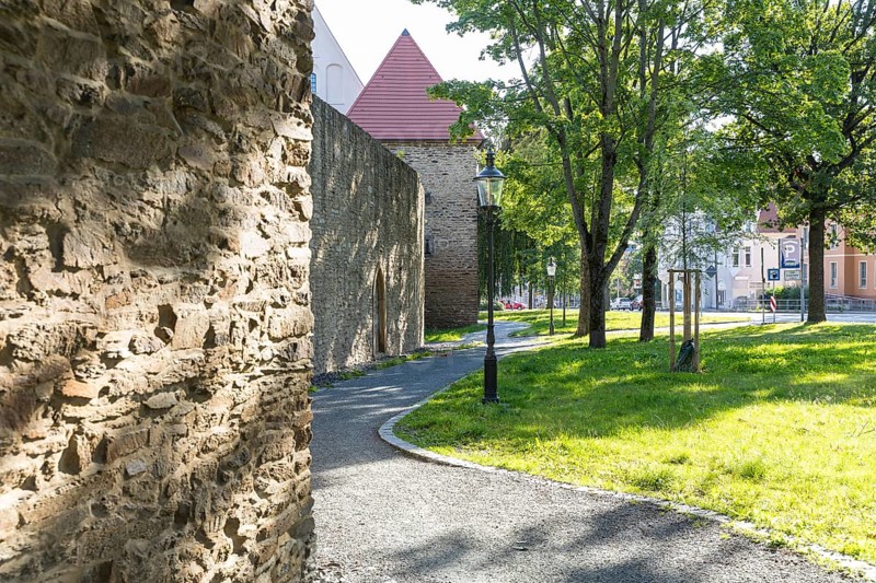 Old town wall, yellow lion tower and granary, Freiberg, Saxony, Germany, Europe