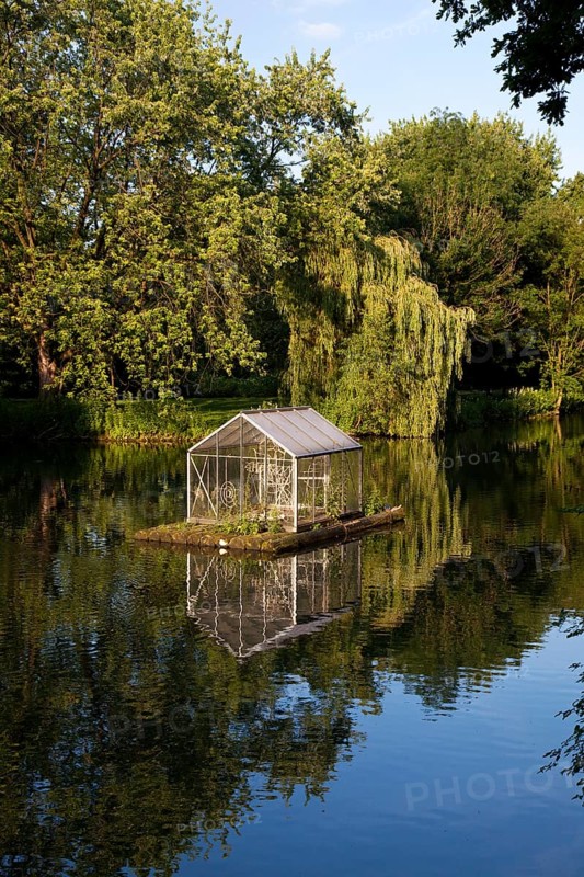 The River Lippe at Laumannshügel with the artwork Arche by Christoph Hildebrand, Lippstadt, North Rhine-Westphalia, Germany, Europe