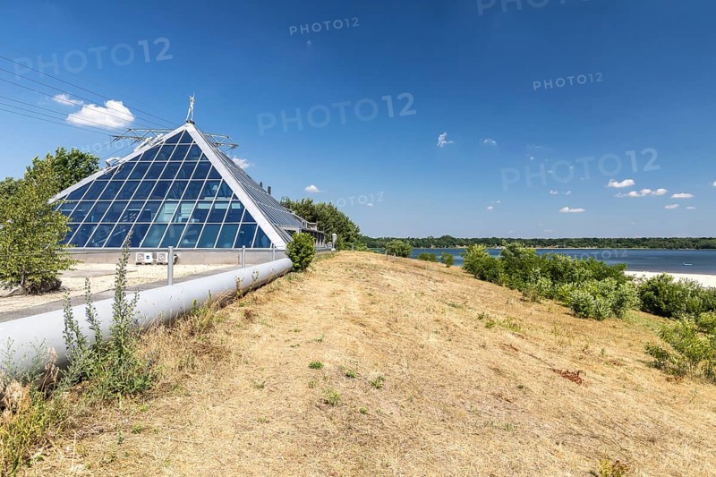 Glass pyramid as a snack bar at Lake Dreiweibern in Lohsa, Lusatian Lakeland, Saxony, Germany, Europe