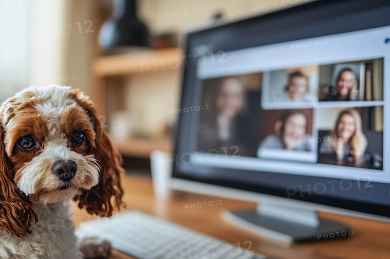 Small dog disturbing owner at work at home office with computer screen with online meeting with many people in background. Generative Ai, AI generated