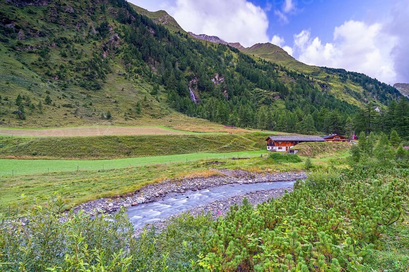 Stream with alpine hut in Dorfertal, Kalser Tauern, Hohe Tauern National Park, Kals am Großglockner, East Tyrol