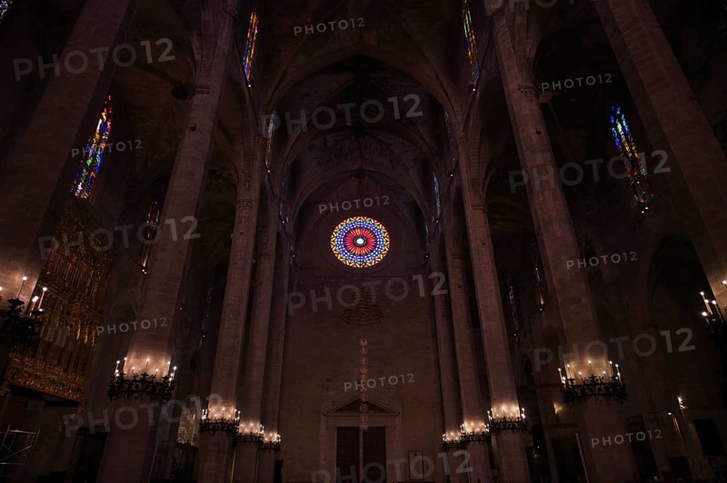Rose window, rose window of the west front, interior view, La Seu, Basilica de Santa Maria, Cathedral of St Mary, Palma de Majorca, Majorca, Balearic Islands, Balearic Islands, Spain, Europe