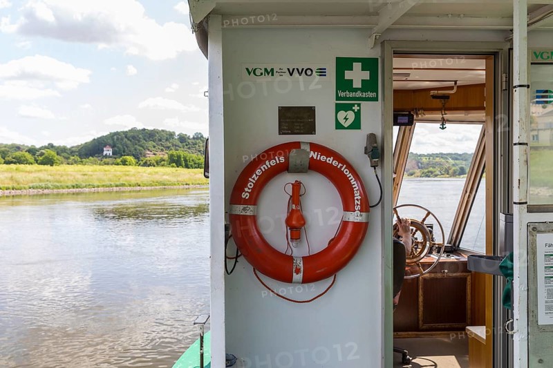 On the Stolzenfels ferry on the Elbe from Niederlommatzsch to Diesbar-Seußlitz, Saxony, Germany, Europe