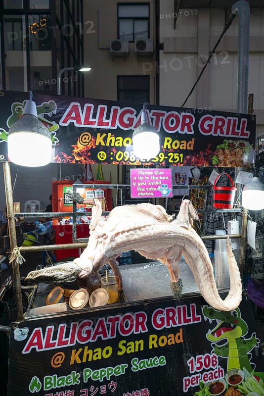 Food stall, snack bar, Alligator Grill, Khaosan Road, Bang Lam Phu district (also: Banglampoo, Phra Nakhon district), Bangkok, Thailand, Asia