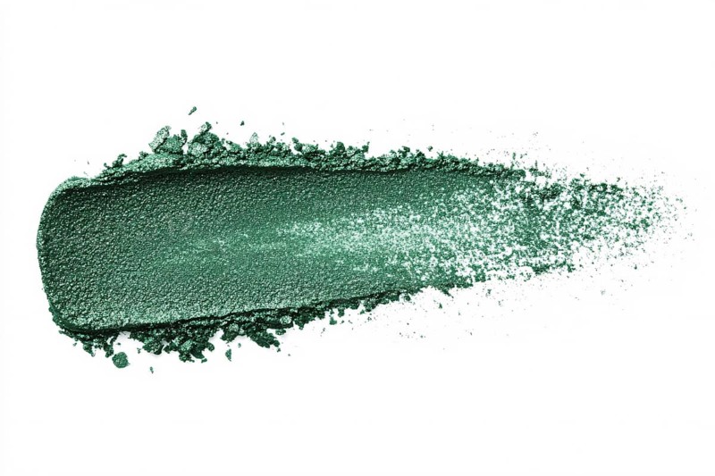 Green eyeshadow makeup sample swatch on white background. Generative AI, AI generated