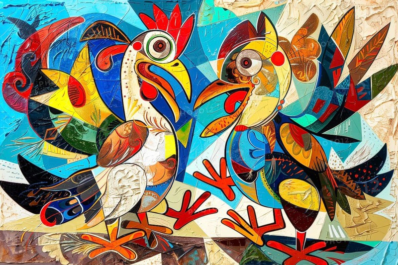 Cubist representation of a cock fighting, AI generated