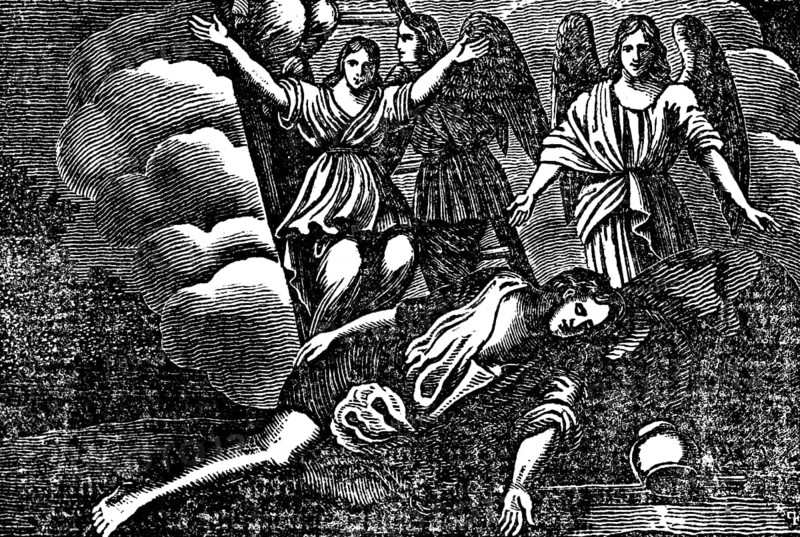 The ladder to heaven leads from earth to heaven, Jacob places a stone under his head and dreams in his sleep, God's angel, Genesis, woodcut, Christoph Schmid's Biblical History 1831