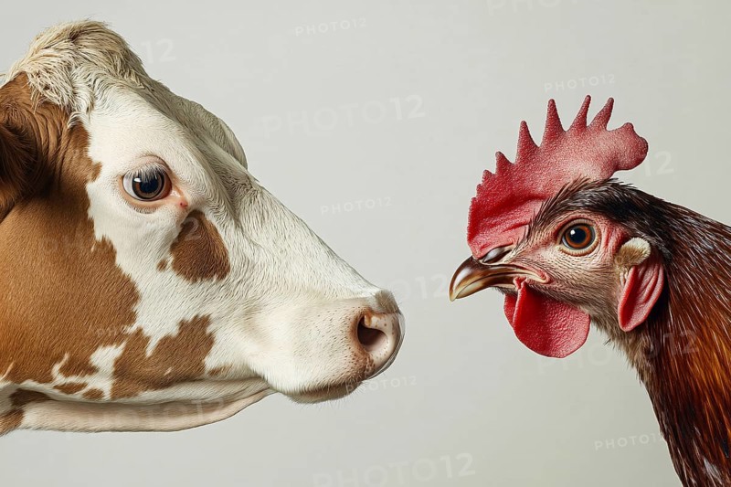 Concept for spread of H5N1 virus from birds to other animals showing a chicken and a cow's head on white background. Generative AI, AI generated