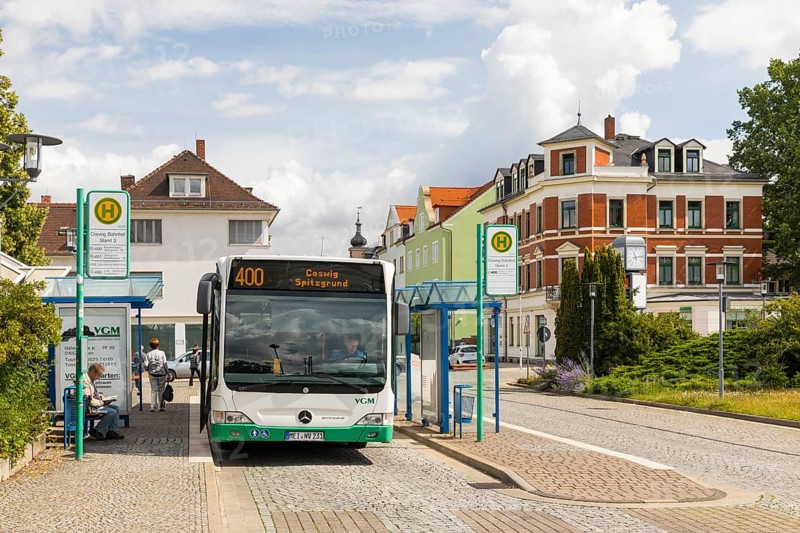 A VGM line 400 bus travelling in the direction of Coswig, Spitzgrund at the bus station in Coswig, Saxony, Germany, Europe