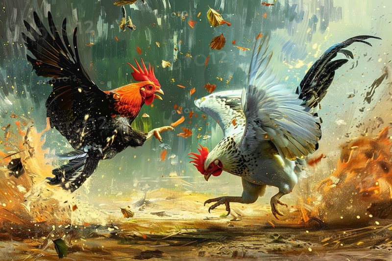 Surrealist representation of a cock fighting, AI generated