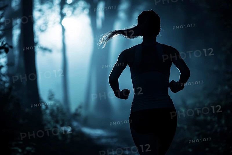 SIlhouette of back view of young woman jogging alone in dark forest at dawn. Generative AI, AI generated