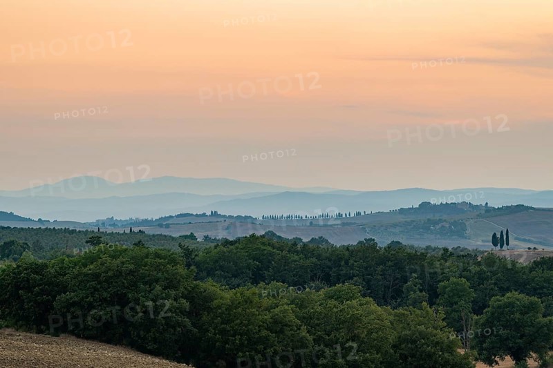 Tuscan landscape with fields and hills at sunset, Unesco world heritage, Pienza, Val d'Orcia, Tuscany, Province of Siena, Italy, Europe
