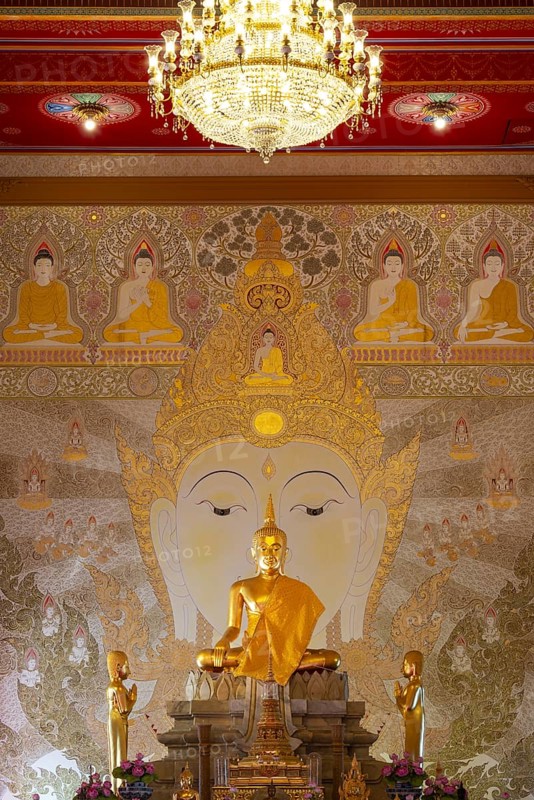 Golden Buddha statue with tunic, Bhumispara-mudra, Buddha Gautama at the moment of enlightenment, art gallery with exhibition of non-traditional artworks, most of which follow modern art trends such as minimalism and abstraction, Wat Sitthawararam, Bangkok, Thailand, Asia