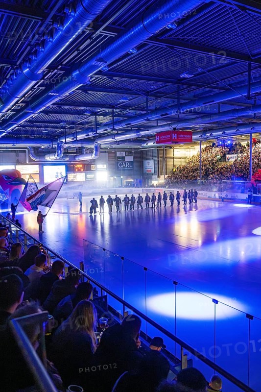 Ice hockey match in the stadium with illuminated ice surface and full crowd, Heilbronner Falken Vs Bietigheimer Steelers, Heilbronn, Germany, Europe