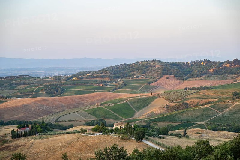 Hilly landscape in Tuscany, view from the upper city wall of Montepulciano, Tuscany, Italy, Europe