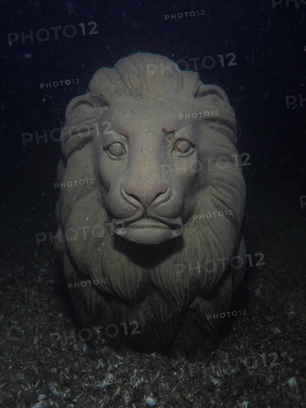A lion statue under water with a mystical atmosphere, Wildsau dive site, Berlingen, Lake Constance, Switzerland, Germany, Europe