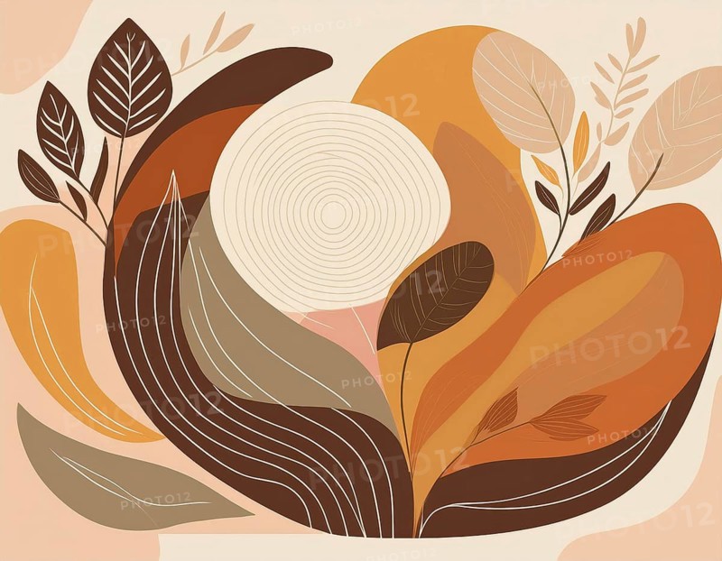 Abstract painting symbolizing environmental protection with organic shapes in brown and green earth color tones, AI generated