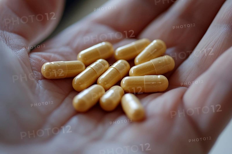 Hand holding many medical capsule pills. Generative Ai, AI generated