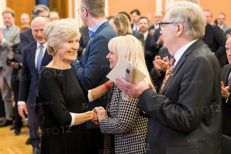 Friede Springer and Iris Spranger (Berlin Senator for the Interior and Sport) on arrival for the awarding of honorary citizenship to Friede Springer at Rotes Rathaus, Berlin, 26 February 2025