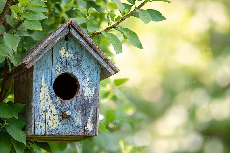 Blue wooden birdhouse on tree with green leaves in background. Generatve AI, AI generated