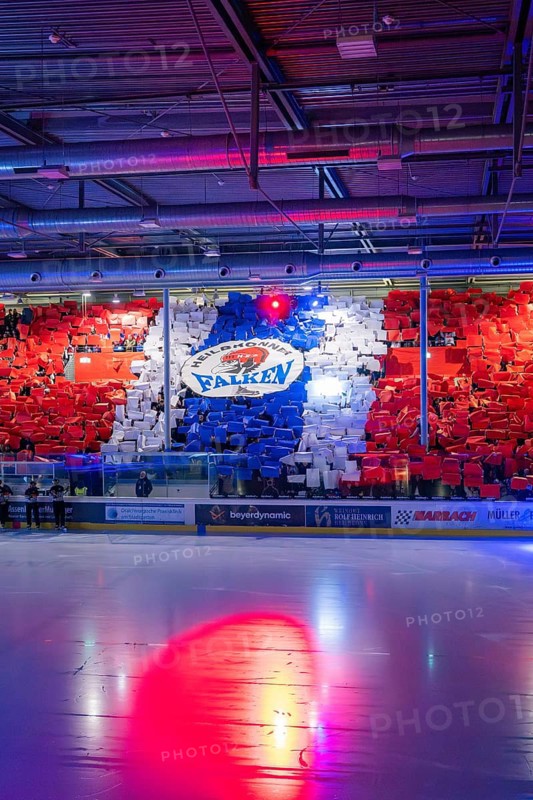 Mosaic of coloured posters forms a team logo in an ice rink, Heilbronner Falken Vs Bietigheimer Steelers, Heilbronn, Germany, Europe