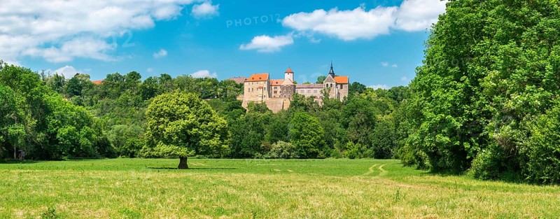 Landscape in the Saale valley near Naumburg in spring, Goseck Castle in the background, Naumburg, Saxony-Anhalt, Germany, Europe
