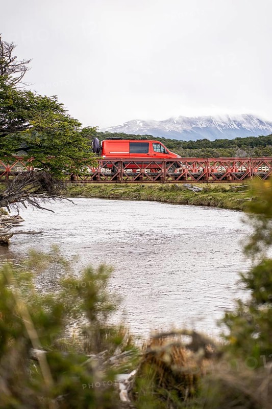4x4 campervan crossing a bridge near Estancia Harberton, Tierra del Fuego Province, Argentina, South America