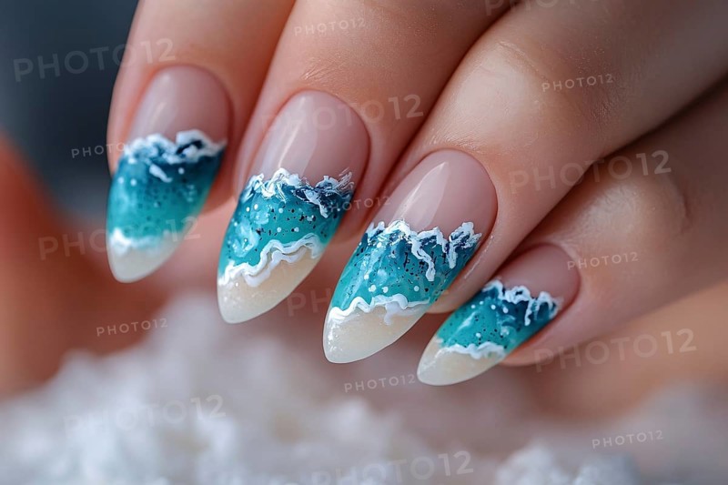Woman's fingernails with summer ocean nail art design. Generative Ai, AI generated