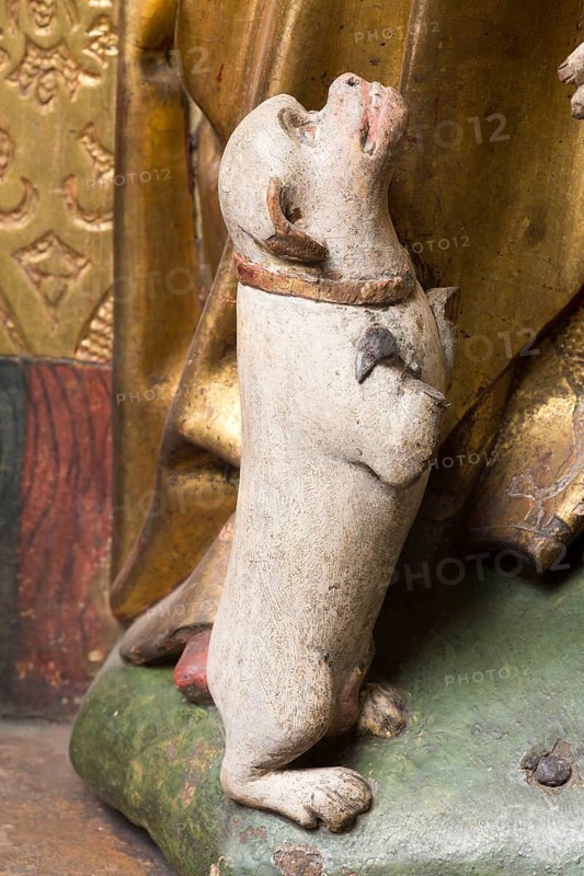 Altar of the Gertrude Brotherhood of Bearers, Lübeck c. 1509, carving: Henning van der Heide, detail dog, St., Saint, Saint