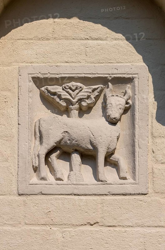 Brauweiler near Pulheim, St Nicholas' Abbey Church, relief of the sign of the month on the north side of the west tower (bull)