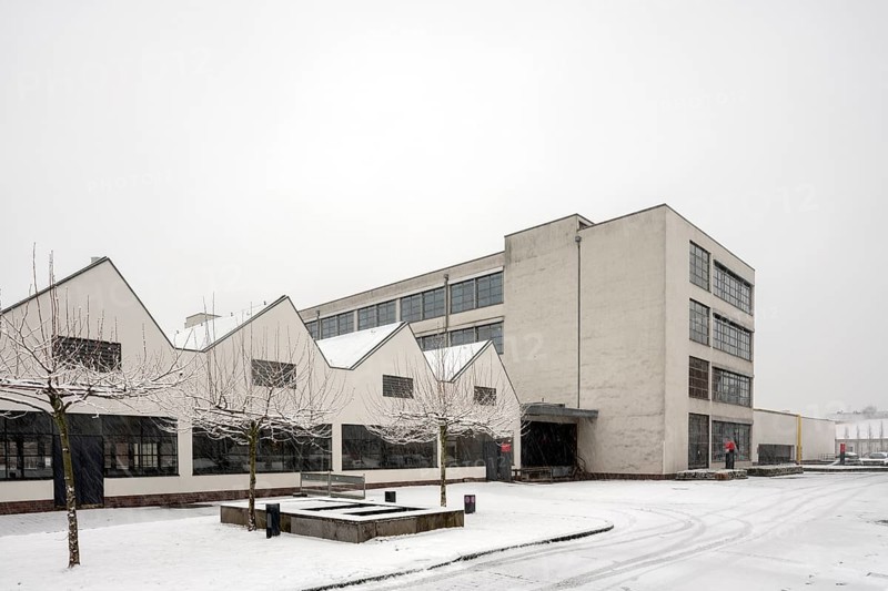 Krefeld, Vereingte Seidenweber AG Verseidag built by Mies van der Rohe, on the left dye works with shed roofs and HE building