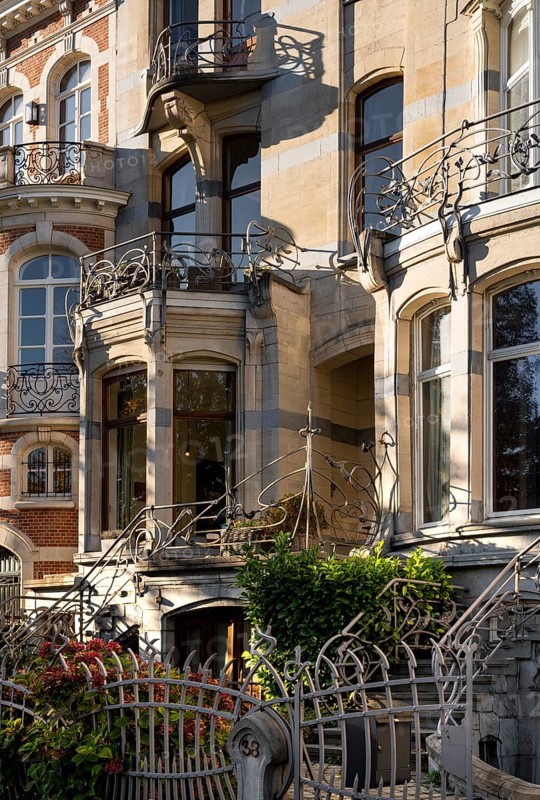 Brussels, Bruxelles, Art Nouveau house on Avenue General de Gaulle, Maison Flagey, façade with wrought-iron railings